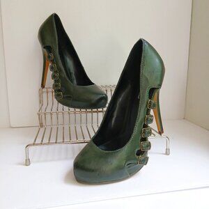 Y2K  Green Leather Multi Cut Out Buckle Accents Hidden Platform Stilettos Sz 7.5